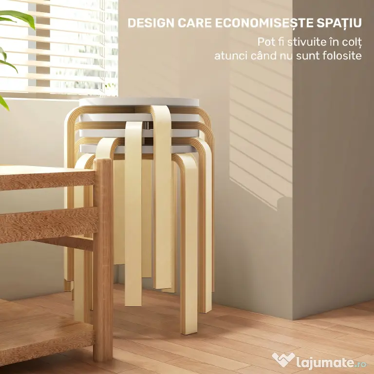HOMCOM Set de Scaune Stivuibile pentru 4 Persoane, Scaune Moderne de Stivuire, Scaune Rotunde fără Spate, 40x40x45 cm, Lemn Natural | Aosom Romania
