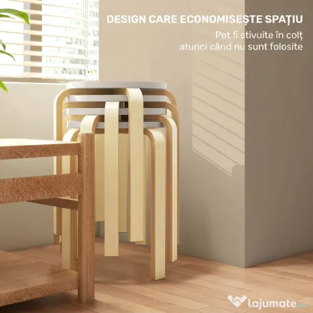 HOMCOM Set de Scaune Stivuibile pentru 4 Persoane, Scaune Moderne de Stivuire, Scaune Rotunde fără Spate, 40x40x45 cm, Lemn Natural | Aosom Romania