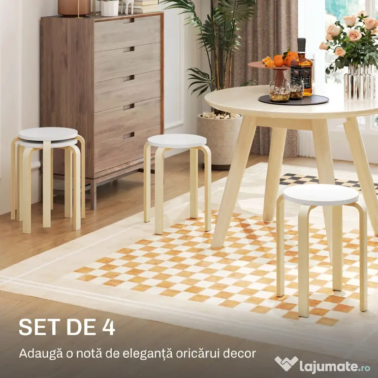 HOMCOM Set de Scaune Stivuibile pentru 4 Persoane, Scaune Moderne de Stivuire, Scaune Rotunde fără Spate, 40x40x45 cm, Lemn Natural | Aosom Romania