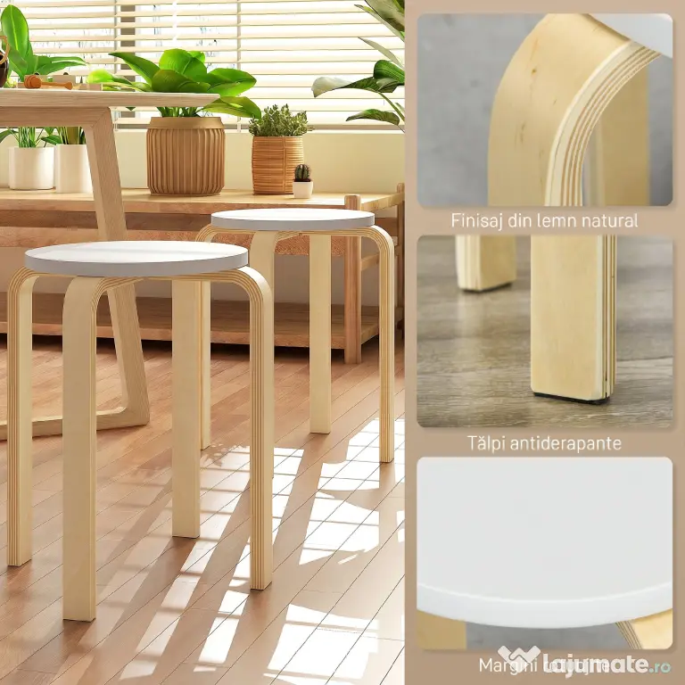HOMCOM Set de Scaune Stivuibile pentru 4 Persoane, Scaune Moderne de Stivuire, Scaune Rotunde fără Spate, 40x40x45 cm, Lemn Natural | Aosom Romania