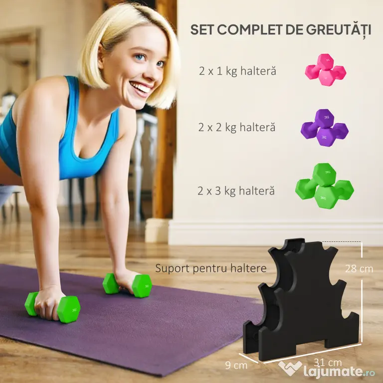 SPORTNOW Set de Gantere cu Suport, 6 Gantere în Total 2x1 kg, 2x2 kg, 2x3 kg, Multicolor | Aosom Romania