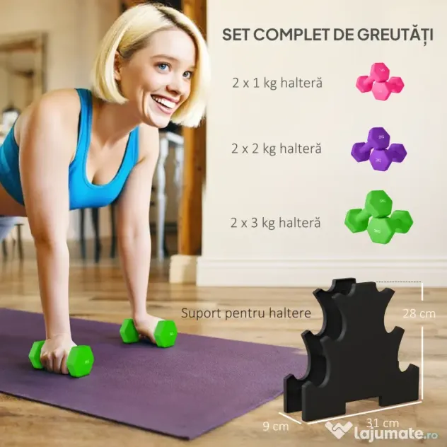 SPORTNOW Set de Gantere cu Suport, 6 Gantere în Total 2x1 kg, 2x2 kg, 2x3 kg, Multicolor | Aosom Romania