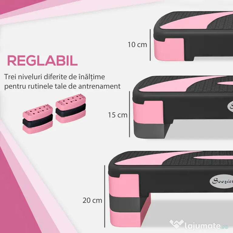 Soozier Stepper Aerobic Reglabil, Platformă pentru Exerciții, Trainer pentru Fitness și Yoga, Înălțimi 10-15-20 cm, Roz | Aosom Romania
