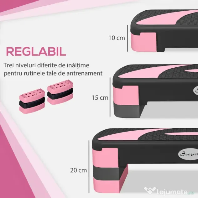 Soozier Stepper Aerobic Reglabil, Platformă pentru Exerciții, Trainer pentru Fitness și Yoga, Înălțimi 10-15-20 cm, Roz | Aosom Romania