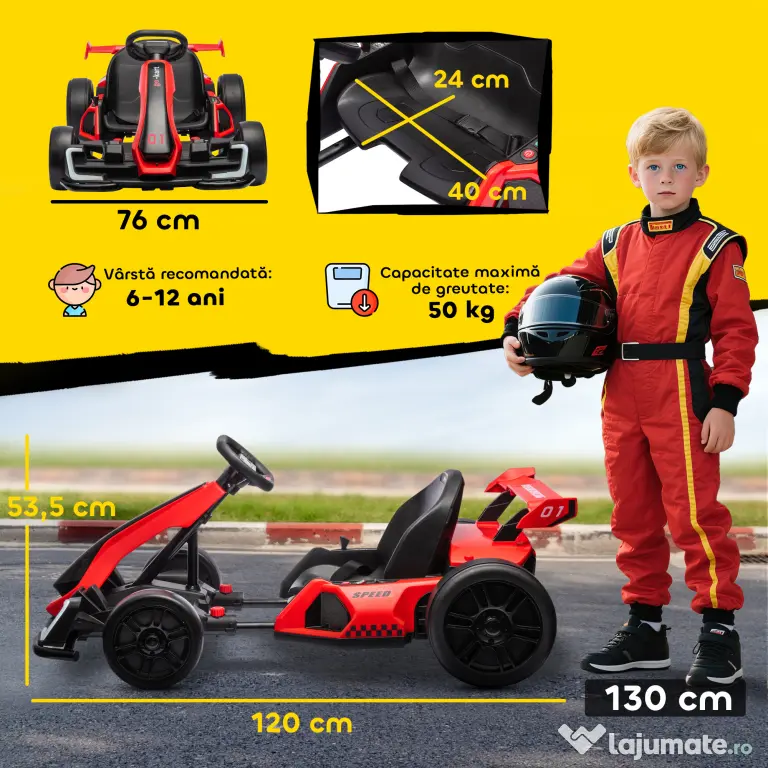 HOMCOM Go-Kart Electric pentru Copii cu Scaun Reglabil, 2 Motoare, Claxon, Lumini și Muzică, 120x76x53.5 cm, Roșu | Aosom Romania
