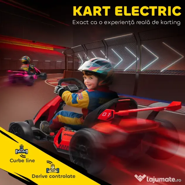 HOMCOM Go-Kart Electric pentru Copii cu Scaun Reglabil, 2 Motoare, Claxon, Lumini și Muzică, 120x76x53.5 cm, Roșu | Aosom Romania