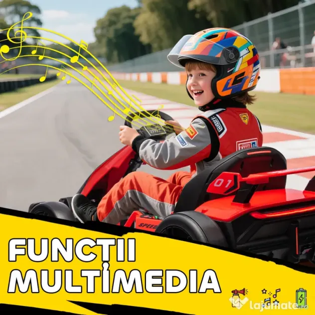 HOMCOM Go-Kart Electric pentru Copii cu Scaun Reglabil, 2 Motoare, Claxon, Lumini și Muzică, 120x76x53.5 cm, Roșu | Aosom Romania