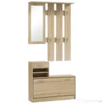 HOMCOM Cuier 3 în 1 cu Suport pentru Pantofi și Oglindă, Cârlige și Sertare, din Lemn, 90x24x177 cm, Culoare Stejar