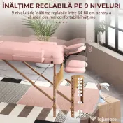 HOMCOM Pat de Masaj Pliabil cu Înălțime Reglabilă și Geantă de Transport, Structură din Lemn, Roz 