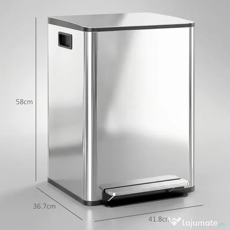 HOMCOM Coș de Gunoi cu 2 Secțiuni, cu Pedală și Capac cu Închidere Lentă, Coș de Deșeuri, 41.8x36.7x58 cm, Argintiu | Aosom Romania