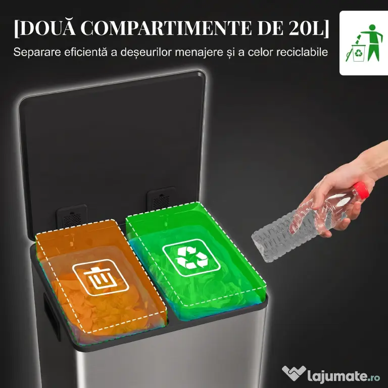 HOMCOM Coș de Gunoi cu 2 Secțiuni, cu Pedală și Capac cu Închidere Lentă, Coș de Deșeuri, 41.8x36.7x58 cm, Argintiu | Aosom Romania