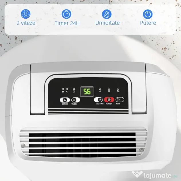 HOMCOM Dezumidificator de 12L cu Rezervor de Apă, Temporizator 24H și Afișaj Digital al Umidității, 28x18x50,6 cm, Alb