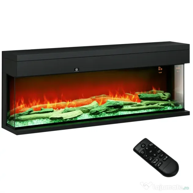 HOMCOM Șemineu Electric Încorporabil cu Efect de Flăcări 3D, Oprire Automată și Termostat, 127x26x50 cm, Negru | Aosom Romania
