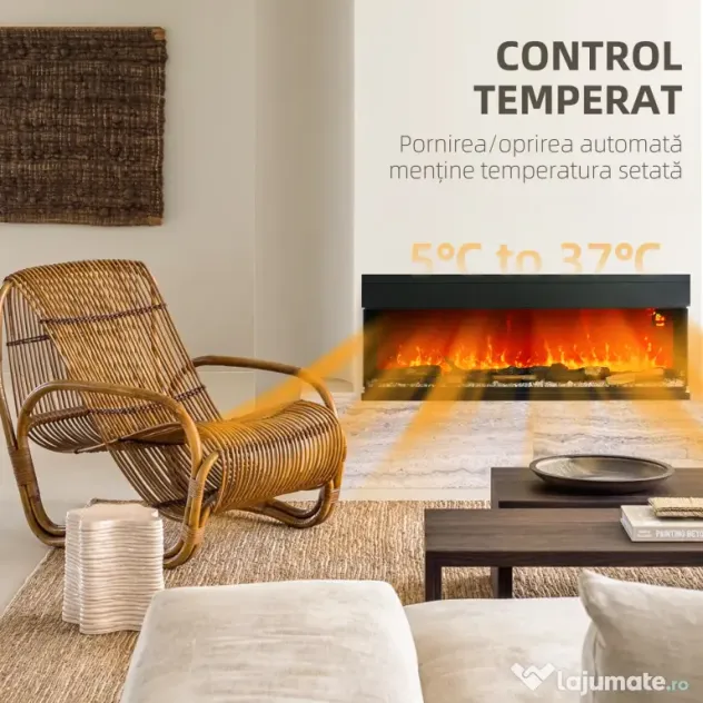 HOMCOM Șemineu Electric Încorporabil cu Efect de Flăcări 3D, Oprire Automată și Termostat, 127x26x50 cm, Negru | Aosom Romania