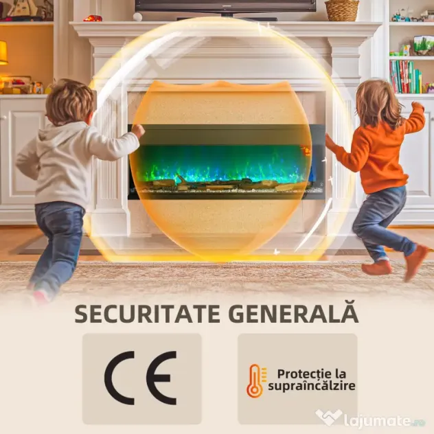 HOMCOM Șemineu Electric Încorporabil cu Efect de Flăcări 3D, Oprire Automată și Termostat, 127x26x50 cm, Negru | Aosom Romania