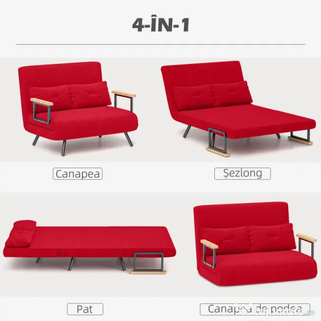 HOMCOM Canapea Pat de 2 Locuri cu Spătar Reglabil pe 5 Nivele, Canapea Pat Pliabilă Matrimonială, 102x73x81 cm, Roșu | Aosom Romania