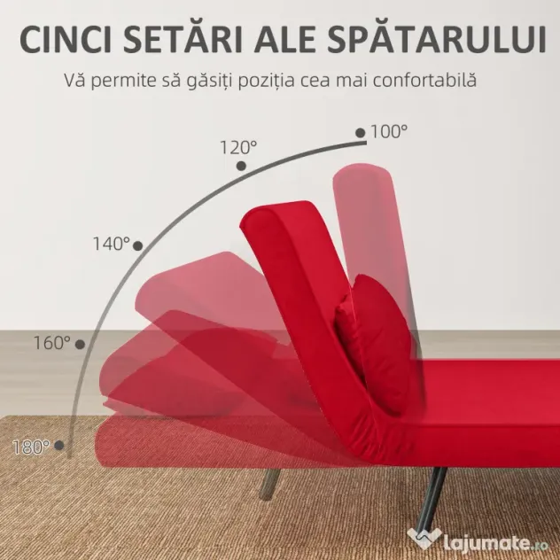 HOMCOM Canapea Pat de 2 Locuri cu Spătar Reglabil pe 5 Nivele, Canapea Pat Pliabilă Matrimonială, 102x73x81 cm, Roșu | Aosom Romania