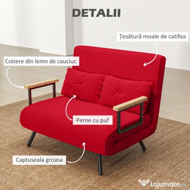 HOMCOM Canapea Pat de 2 Locuri cu Spătar Reglabil pe 5 Nivele, Canapea Pat Pliabilă Matrimonială, 102x73x81 cm, Roșu | Aosom Romania