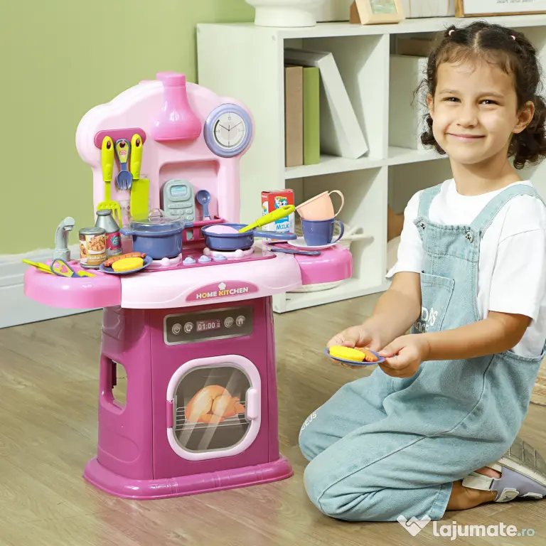 AIYAPLAY Bucătărie Jucărie pentru Copii 3-6 Ani cu 38 Accesorii, Sunete Realiste și Lumină la Cuptor, 51x21x60 cm, Roz | Aosom Romania