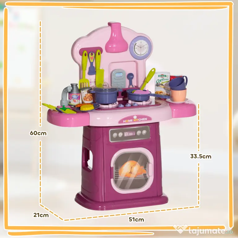 AIYAPLAY Bucătărie Jucărie pentru Copii 3-6 Ani cu 38 Accesorii, Sunete Realiste și Lumină la Cuptor, 51x21x60 cm, Roz | Aosom Romania