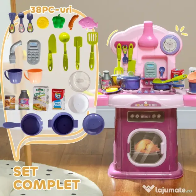 AIYAPLAY Bucătărie Jucărie pentru Copii 3-6 Ani cu 38 Accesorii, Sunete Realiste și Lumină la Cuptor, 51x21x60 cm, Roz | Aosom Romania