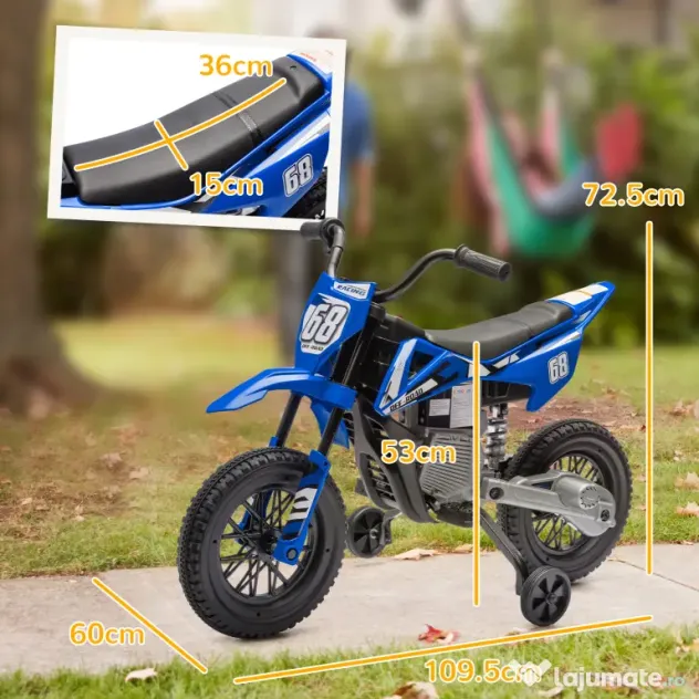 AIYAPLAY Motocicletă Electrică pentru Copii cu Roți Detașabile, Suspensii, Sunete și Indicator de Încărcare, Albastru | Aosom Romania