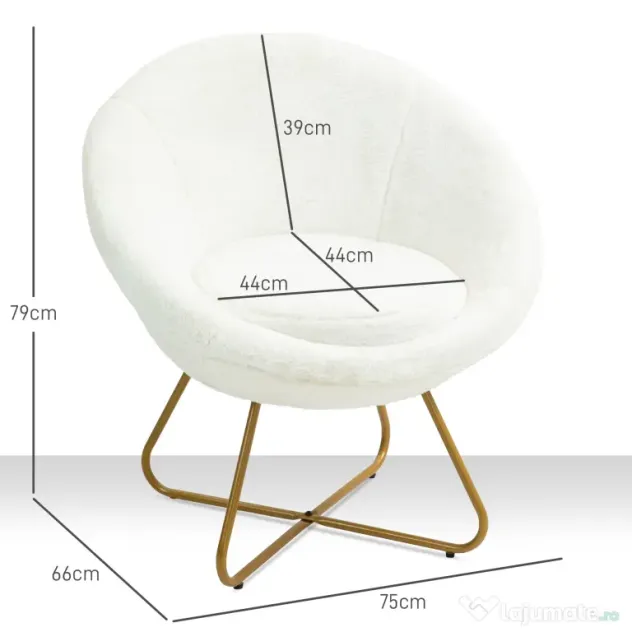 HOMCOM Fotoliu din Material cu Imitație Blană, Picioare Metalice Aurii și Tălpițe Antiderapante, 75x66x79 cm, Alb | Aosom Romania