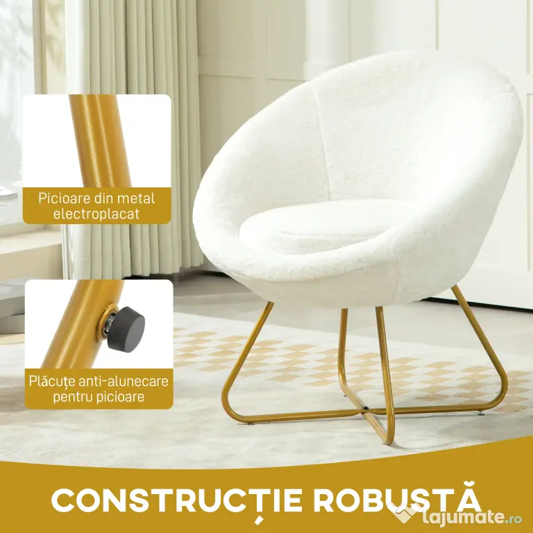 HOMCOM Fotoliu din Material cu Imitație Blană, Picioare Metalice Aurii și Tălpițe Antiderapante, 75x66x79 cm, Alb | Aosom Romania