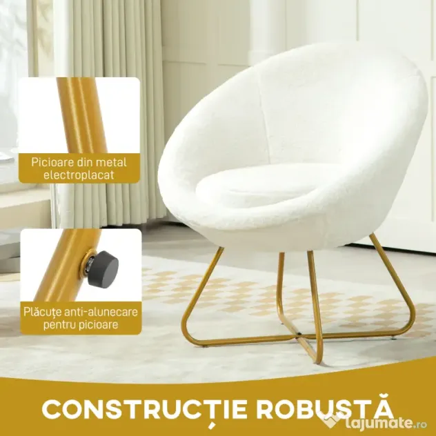 HOMCOM Fotoliu din Material cu Imitație Blană, Picioare Metalice Aurii și Tălpițe Antiderapante, 75x66x79 cm, Alb | Aosom Romania