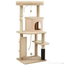 PawHut Arbore pentru Pisici Multilevel Înalt 132 cm cu Căsuță, Culcuș, Stâlpi Zgâriători, Perie și Biliță, Bej | Aosom Romania
