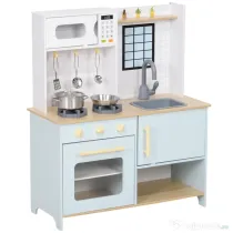 AIYAPLAY Bucătărie pentru Copii 3+ Ani, Bucătărie Jucărie din Oțel Inoxidabil, Lemn și PP, 72x33x85,2 cm, Albastru | Aosom Romania
