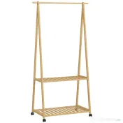 HOMCOM Cuier din Bambus cu Raft pentru Încălțăminte, 2 Cârlige, Cuier Mobil pentru Hol, Sufragerie, Natural | Aosom Romania
