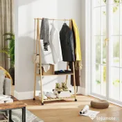 HOMCOM Cuier din Bambus cu Raft pentru Încălțăminte, 2 Cârlige, Cuier Mobil pentru Hol, Sufragerie, Natural | Aosom Romania