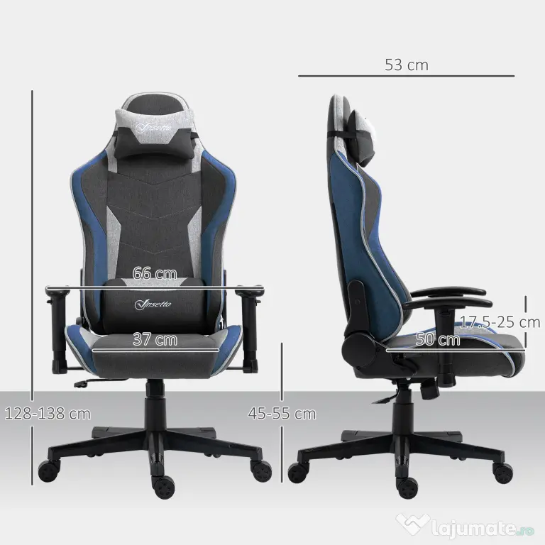 Vinsetto Scaun de Gaming Ergonomic cu Cotiere, Tetieră și Înălțime Reglabile, 66x53x128-138 cm, Albastru | Aosom Romania