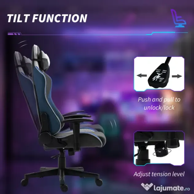 Vinsetto Scaun de Gaming Ergonomic cu Cotiere, Tetieră și Înălțime Reglabile, 66x53x128-138 cm, Albastru | Aosom Romania