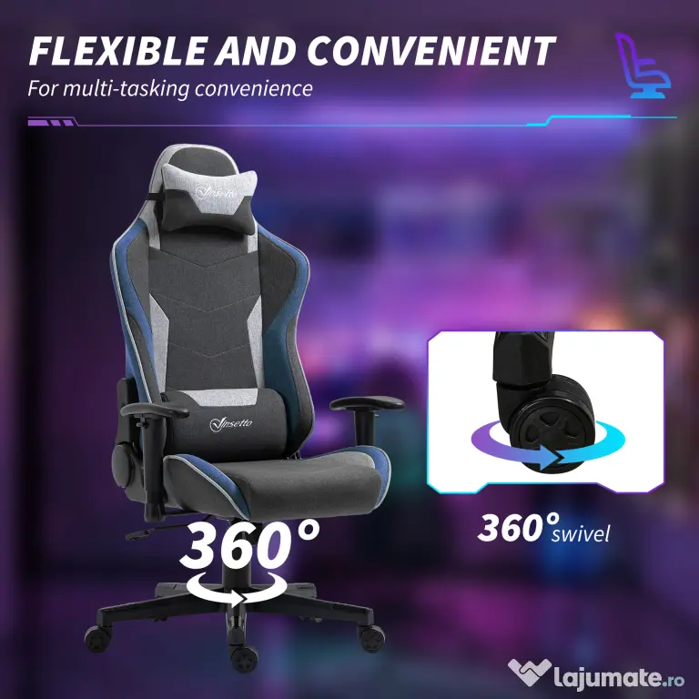 Vinsetto Scaun de Gaming Ergonomic cu Cotiere, Tetieră și Înălțime Reglabile, 66x53x128-138 cm, Albastru | Aosom Romania