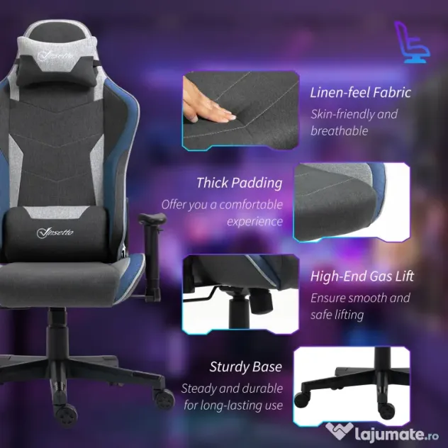 Vinsetto Scaun de Gaming Ergonomic cu Cotiere, Tetieră și Înălțime Reglabile, 66x53x128-138 cm, Albastru | Aosom Romania