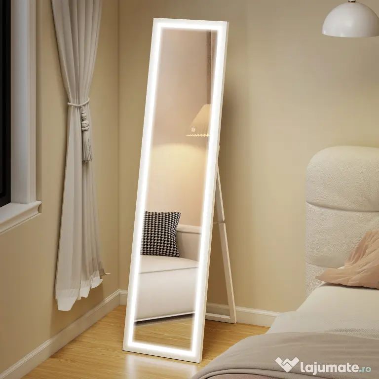HOMCOM Oglindă iluminată cu lumini LED reglabile și buton tactil, din sticlă și MDF, 40x5x160 cm, albă