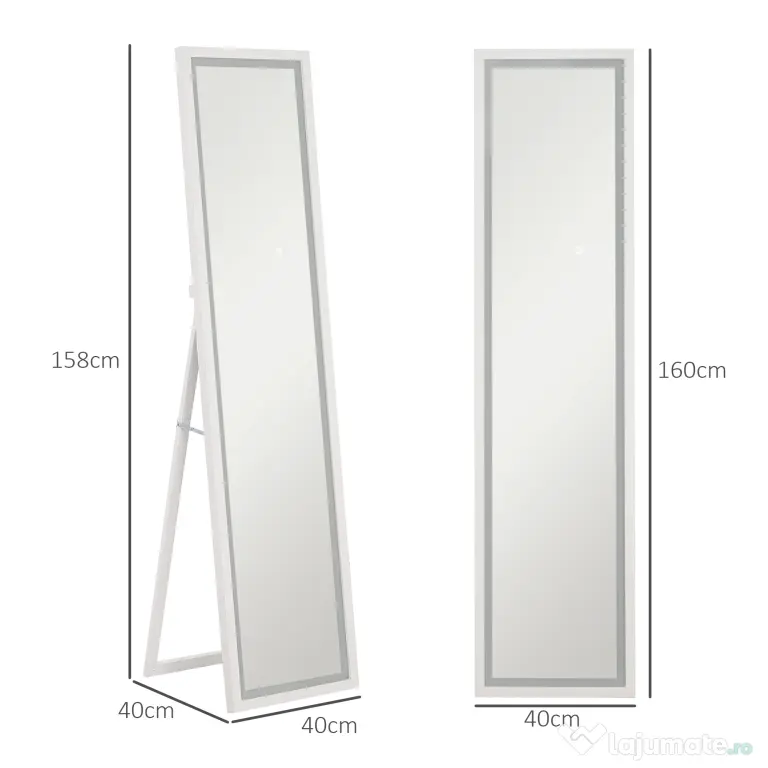 HOMCOM Oglindă iluminată cu lumini LED reglabile și buton tactil, din sticlă și MDF, 40x5x160 cm, albă