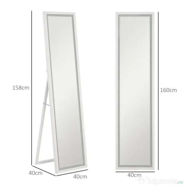 HOMCOM Oglindă iluminată cu lumini LED reglabile și buton tactil, din sticlă și MDF, 40x5x160 cm, albă