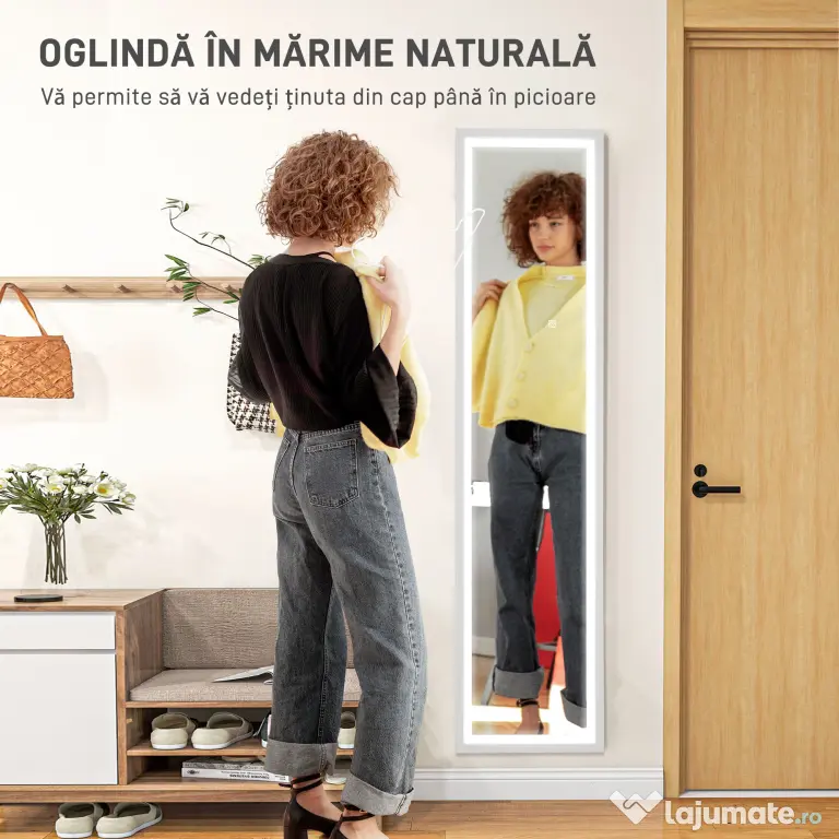 HOMCOM Oglindă iluminată cu lumini LED reglabile și buton tactil, din sticlă și MDF, 40x5x160 cm, albă