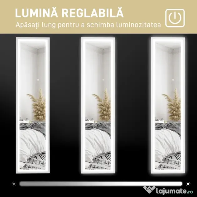 HOMCOM Oglindă iluminată cu lumini LED reglabile și buton tactil, din sticlă și MDF, 40x5x160 cm, albă