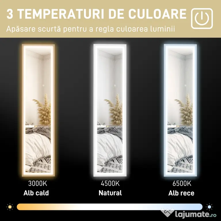 HOMCOM Oglindă iluminată cu lumini LED reglabile și buton tactil, din sticlă și MDF, 40x5x160 cm, albă