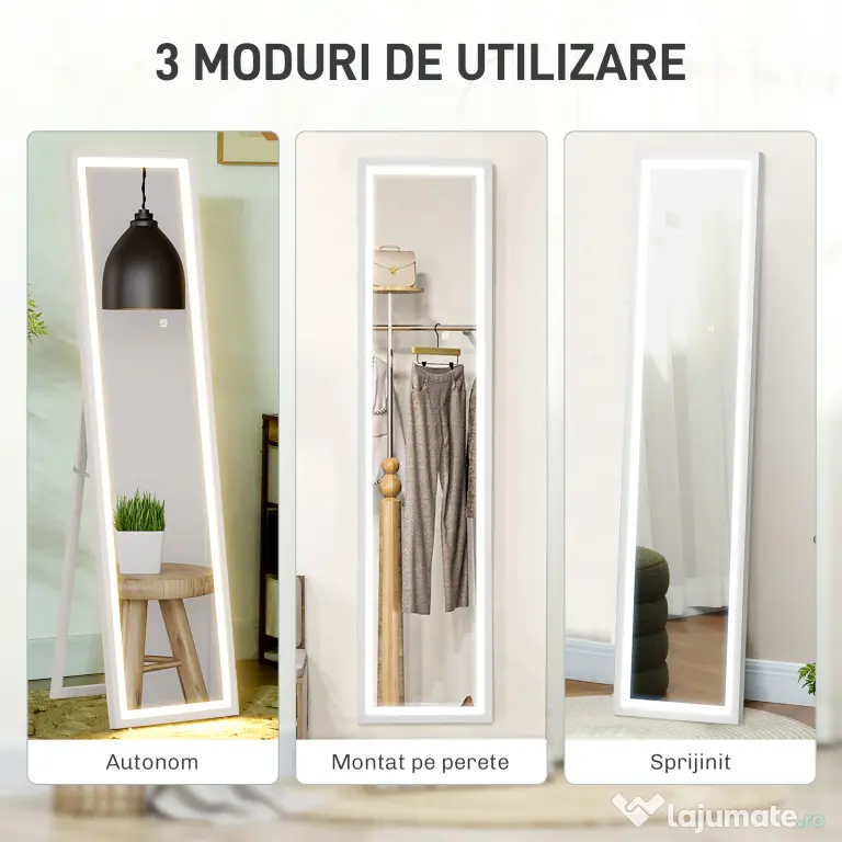 HOMCOM Oglindă iluminată cu lumini LED reglabile și buton tactil, din sticlă și MDF, 40x5x160 cm, albă