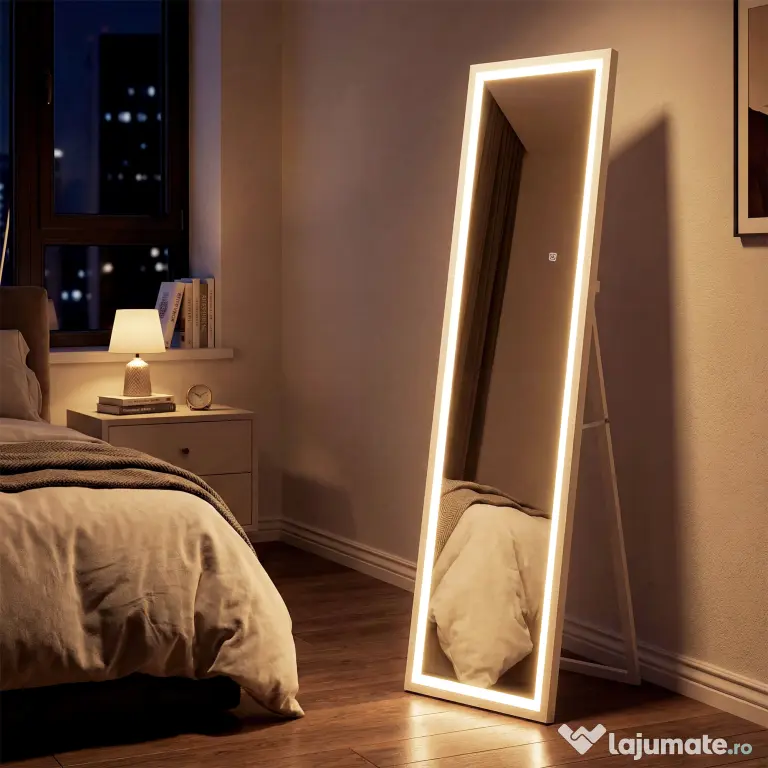 HOMCOM Oglindă iluminată cu lumini LED reglabile și buton tactil, din sticlă și MDF, 40x5x160 cm, albă