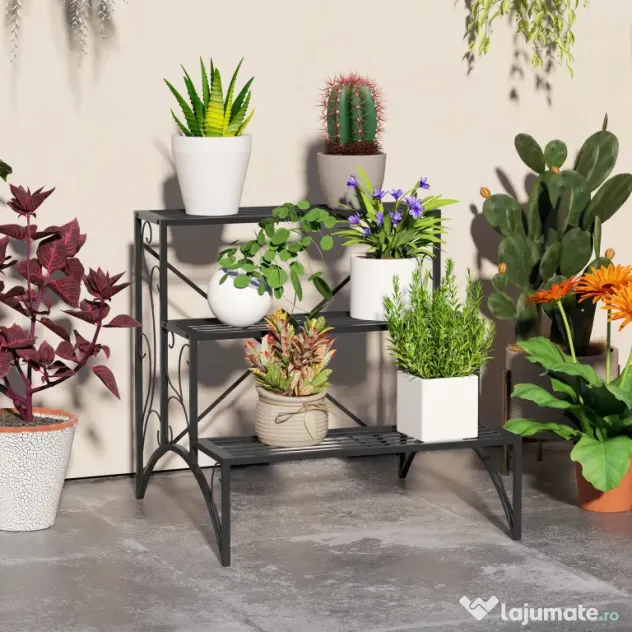 Outsunny Etajeră-suport pentru plante, cu 3 niveluri, în formă de scară, pentru interior și exterior, din metal, 60x60x60 cm, negru