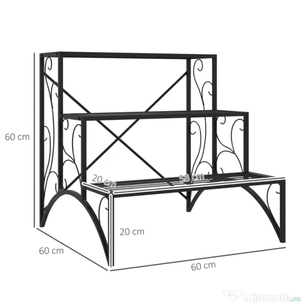 Outsunny Etajeră-suport pentru plante, cu 3 niveluri, în formă de scară, pentru interior și exterior, din metal, 60x60x60 cm, negru