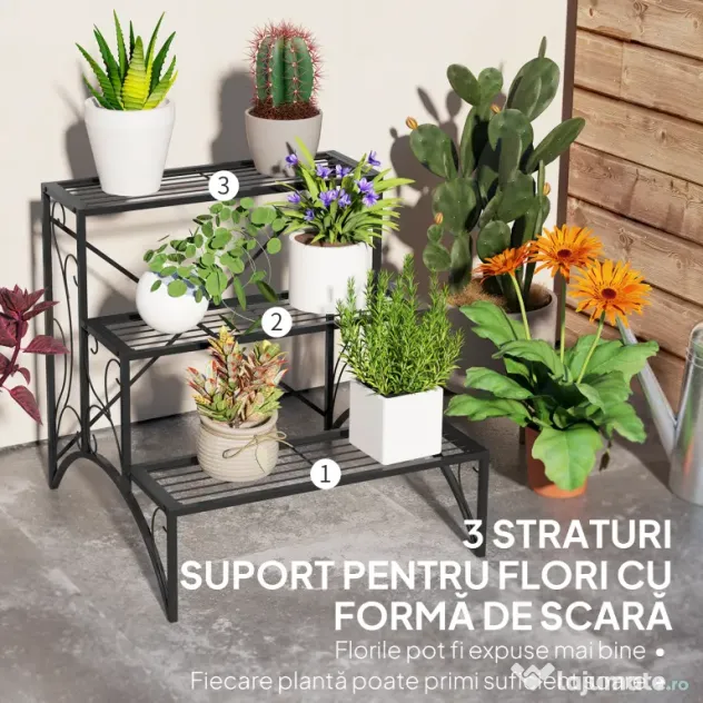 Outsunny Etajeră-suport pentru plante, cu 3 niveluri, în formă de scară, pentru interior și exterior, din metal, 60x60x60 cm, negru