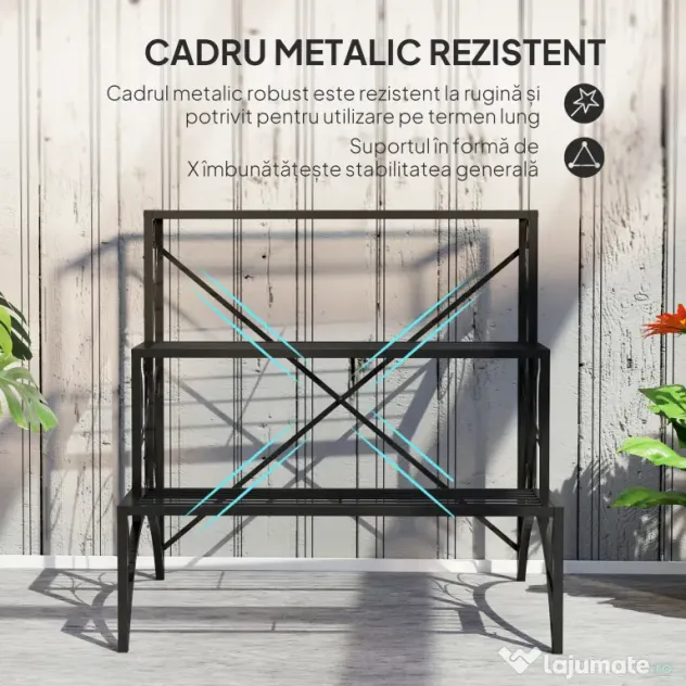 Outsunny Etajeră-suport pentru plante, cu 3 niveluri, în formă de scară, pentru interior și exterior, din metal, 60x60x60 cm, negru