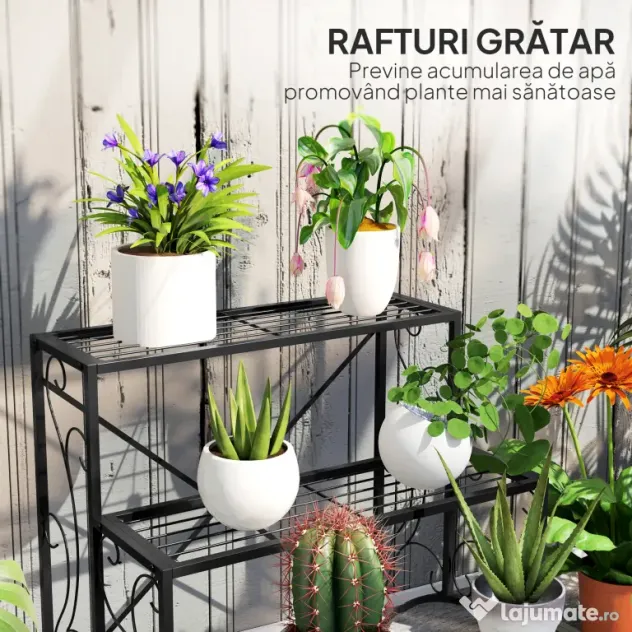 Outsunny Etajeră-suport pentru plante, cu 3 niveluri, în formă de scară, pentru interior și exterior, din metal, 60x60x60 cm, negru